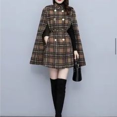 Brand New Boutique Cape Dress Fall Dress Plus Size, Brown Cape Outfit, Elegant Cape Dress For Fall, Elegant Fall Cape Dress, Chic Cape Dress For Fall, Elegant Winter Cape Dress, Trenchcoat Dress, Warhammer Aesthetic, Plaid Cape Dress