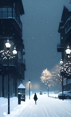 a person walking down a snow covered street in the middle of winter with lights on