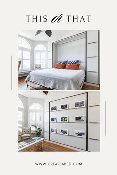 this is an image of a bedroom with pictures on the wall and in the bed