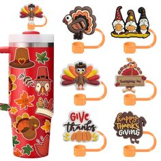 an image of thanksgiving stickers and magnets on a white background with orange handles