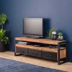 a living room with blue walls and a tv on top of a wooden stand in front of a plant