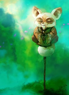 a painting of a fox with its eyes closed and his head resting on top of a pole