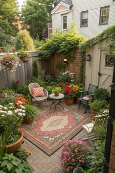 an outdoor patio with lots of flowers and plants