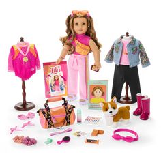 an assortment of barbie dolls and accessories including clothes, shoes, purses and more