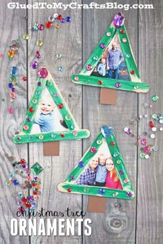 three christmas tree ornaments with pictures hanging from them on a wooden background and text overlay that reads, create your own ornament's