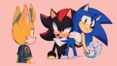 three sonic and tails are standing next to each other in front of a pink background