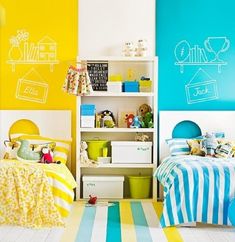 a child's bedroom with yellow and blue walls