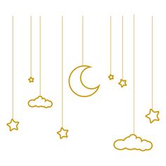 the moon, stars and clouds are hanging from strings with gold outline on a white background