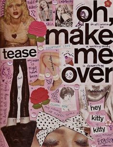 a collage of photos with words and pictures on it, including roses, shoes, hair clips, and other things