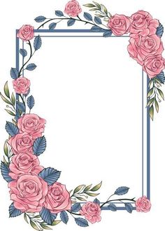 a square frame with pink roses and leaves on the edges, in blue trimmings