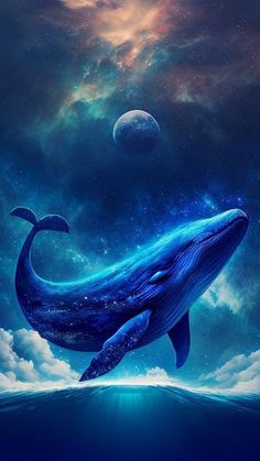 a blue whale floating in the ocean under a cloudy sky with moon and stars above it