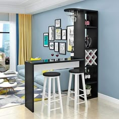 a living room with blue walls and white stools in front of a bar area