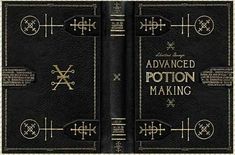 the front and back cover of an advanced potton making book, with gold lettering on black leather