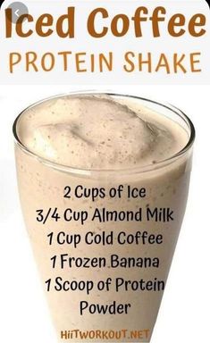 iced coffee protein shake recipe in a glass with information about the ingredients and how to use it