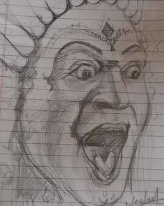 a pencil drawing of a clown with his mouth open and tongue out, on lined paper