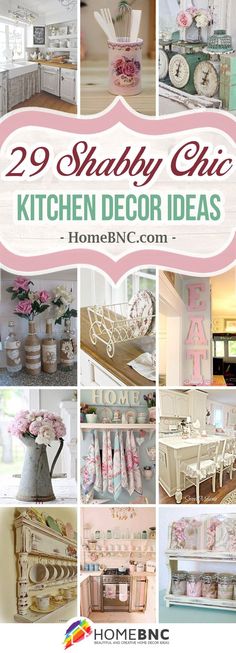 the collage shows many different types of kitchen decor and furniture in pink, white and green