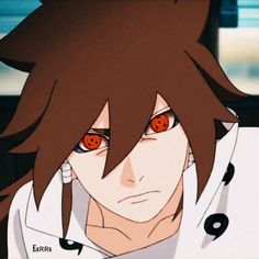 an anime character with brown hair and red eyes