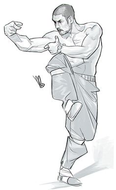 a drawing of a man in karate stance with his arm extended and one leg bent