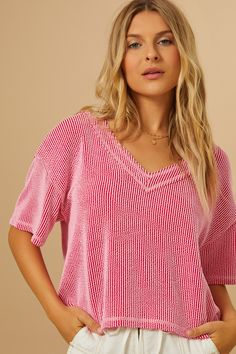 Ada Ribbed Boxy Tee in Candy Red | Altar'd State Cotton V-neck Top With Ribbed Neckline, Trendy Cotton V-neck Knit Top, Ribbed V-neck Top With Relaxed Fit, Trendy V-neck Top With Ribbed Neckline, Trendy Short Sleeve Knit Top For Loungewear, Ribbed Cotton V-neck T-shirt, Relaxed Fit Ribbed Top, Oversized Pink V-neck Top, Pink Textured Knit Relaxed Fit Top