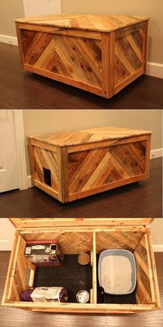 Cat litter box enclosure Cat Box Furniture, Katt Diy, Katt Grejer, Kat Diy, Ideal Toys, Recycled Pallet, Reclaimed Pallet Wood, Blanket Chest, Cat Box