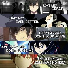 Anime:Charlotte Durarara!! Sword art online Assassination classroom ~Leo21 Challenging Quotes, Anime Love Quotes, Shojo Anime, Manga Quotes, Savage Quotes, Anime Quotes Inspirational, Dark Memes, Quote Life, Anime Jokes