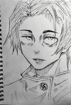 a pencil drawing of a guy with short hair and eyes looking to the side, in front of a spiral notebook