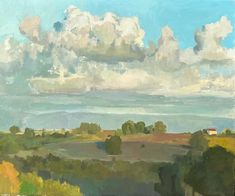 an oil painting of clouds over the countryside