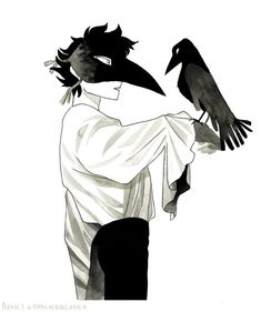 a black and white drawing of a person with two crows on their shoulders, facing each other