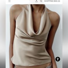 Sleeveless Halter Neck Top With Neck Tie. Open Back And Hidden In Seam Zip Closure. New With Tags. Gold/Champagne Color. Cowl Neck. Teal Green Blouse, Zara Basic Top, Zara Halter Top, Silk Halter Top, Backless Shirt, Nyc Fits, Halter Neck Crop Top, Sleeveless Peplum Top, Tunic Style Tops