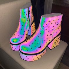 Size 10 Purple/ Iridescent Color Brand New! Funky Boots, Animal Print Boots, Platform Boots Chunky, Iridescent Color, Rainbow Shoes, Floral Boots, Hiking Boots Women, Block Heel Ankle Boots, Suede Leather Boots