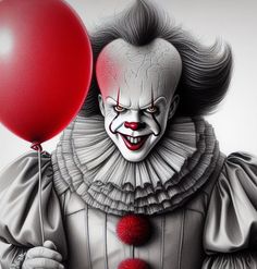 a drawing of a creepy clown holding a red balloon and looking at the camera with an evil look on his face