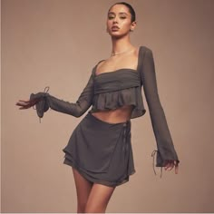 Fun And Floaty, This Gorgeous Set Is Made From Lightweight Georgette Fabric In A Deep Shadow Hue. Floaty And Semi Sheer, It's Your Perfect Summer Set. Where To Wear: Stylish Date Nights, Alfresco Dining, Cocktails With The Girls, Bottomless Brunches, Vacays. Underwear Solution: Add A Balconette Strapless Bra If Required. Made From Lightweight Georgette And Satin. Fully Lined Bust. Stretch Factor: 1/3 Length: Approx 44cm Materials: Rigid Georgette, Stretch Satin, Light Silky Satin Gentle Dry Clea Chic Fitted Two-piece Dress With Ruffles, Fitted Asymmetrical Skirt For Brunch, Chic Two-piece Flowy Skirt, Chic Fitted Tiered Wrap Skirt, Fitted Asymmetrical Wrap Skirt For Brunch, Elegant Two-piece Mini Skirt, Chic Two-piece Tiered Skirt, Fitted Two-piece Tiered Skirt, Chic Fitted Wrap Skirt For Brunch