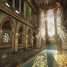 the interior of an ornate building with stained glass windows