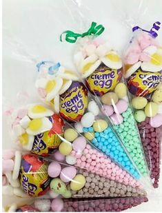 an arrangement of candy and candies in bags