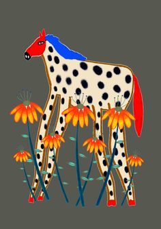 a painting of a spotted horse standing in the middle of some orange and yellow flowers