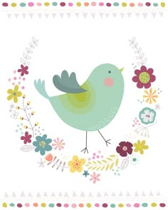 a green bird sitting on top of a flower filled frame with flowers and birds around it