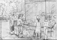 a pencil drawing of people standing in front of a counter