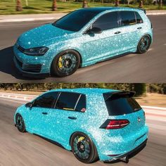 two pictures of the same car in different stages of being covered with blue glitters