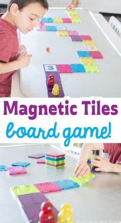 two children playing with magnetic tiles on the table and text overlay reading magnetic tiles board game