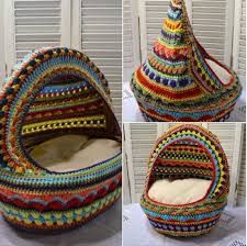 three pictures of a multicolored crocheted bag