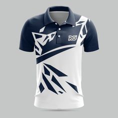 a white and blue polo shirt with an abstract design on the chest, in front of a gray background