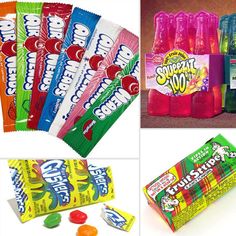 various candy and candies are shown in this collage