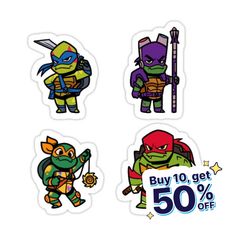 four stickers depicting teenage mutant ninjas and the sale 50 % off on them