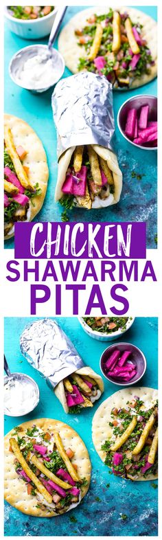 chicken shawarma pitas on a blue table with purple and green toppings