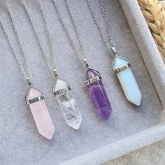 ∴ Crystal necklaces » Choose your crystal, chain style and length » Amethyst is a meditative and calming stone that works in the emotional, spiritual, and physical planes. » Rose quartz encourages feelings and expressions of warmth, happiness, compassion, understanding, respect, and emotional health. » Opalite is a stone that you should have if you wish to harness and increase your personal power. It will boost your self-esteem and improve your sense of self-worth. » Quartz is the master crystal Stone Chains Jewelry, Crystal Stone Necklace, Boy Jewelry, Necklaces Crystal, Opalite Necklace, Bff Jewelry, Spiritual Necklace, Amethyst Crystal Necklace, Crystal Point Necklace