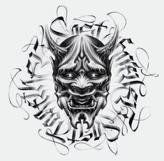 an ink drawing of a demon head with the word evil written in cursive writing