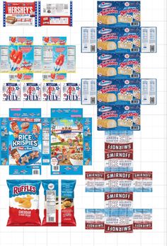 an assortment of snacks are displayed on a white background, including rice krispy kreme