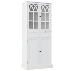 a white cabinet with glass doors on the top and bottom shelf, in front of a white background