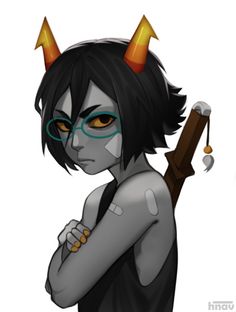 a cartoon character with horns and glasses holding a stick