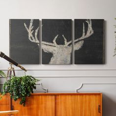 three pieces of artwork on the wall in a living room with a wooden cabinet and plant